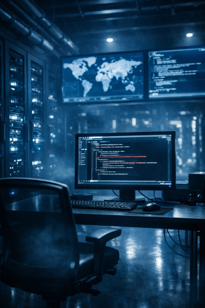 Technology and cybersecurity workspace scene