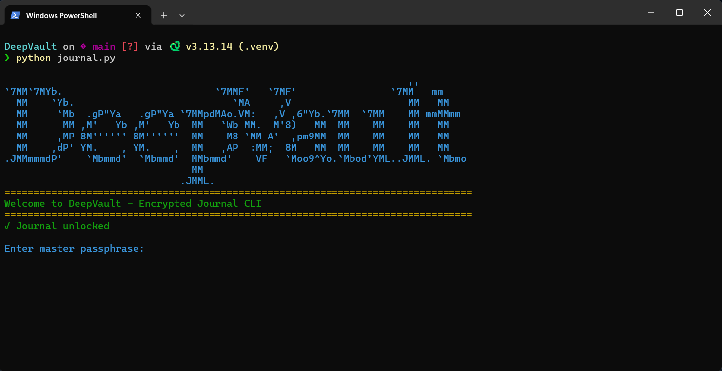 DeepVault encrypted command-line journal interface screenshot