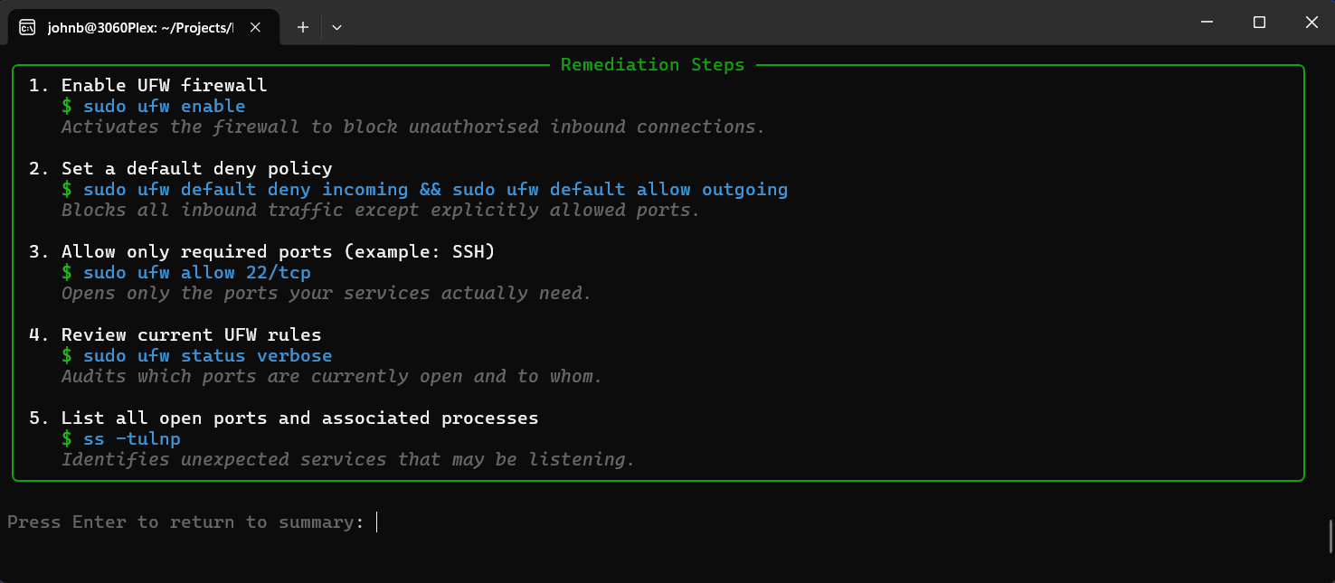 LinuSec remediation guidance view in the terminal UI