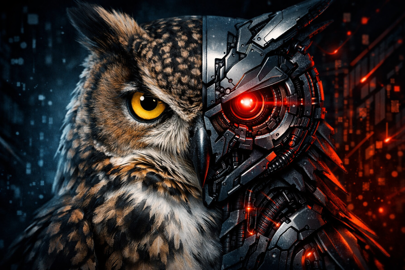 Stylized owl-themed AI artwork representing hidden machine communication